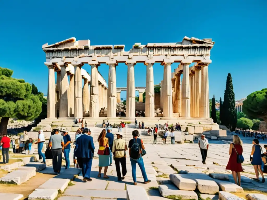 Vista detallada de la animada Agora de Atenas con el Parthenon al fondo, en un ambiente de juegos filosóficos en la Antigua Atenas