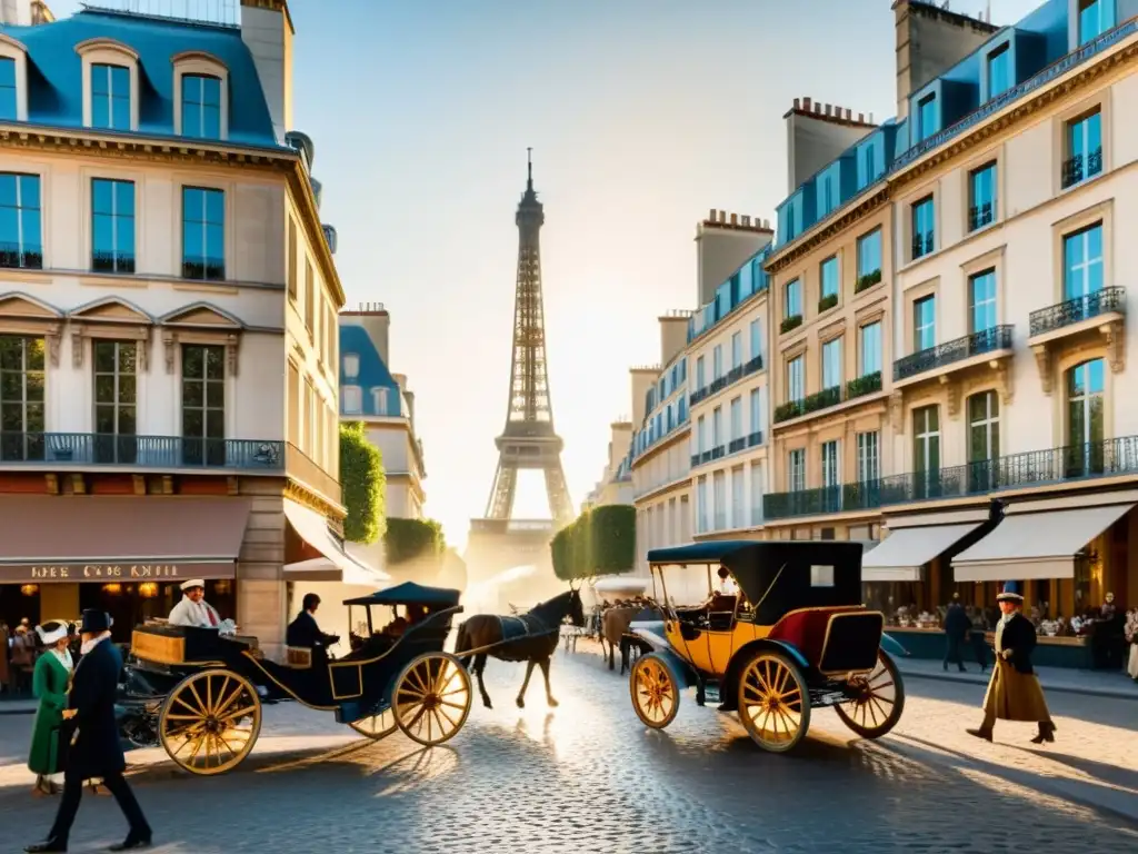 Vista detallada de las animadas calles del París del siglo XVIII, con arquitectura elegante, carruajes y personas vestidas de la época