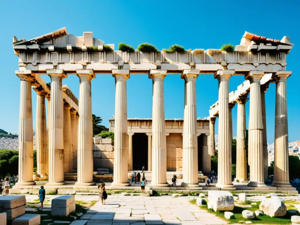 Vista detallada en 8k de la antigua Ágora en Atenas, con la bulliciosa actividad y majestuosa arquitectura griega