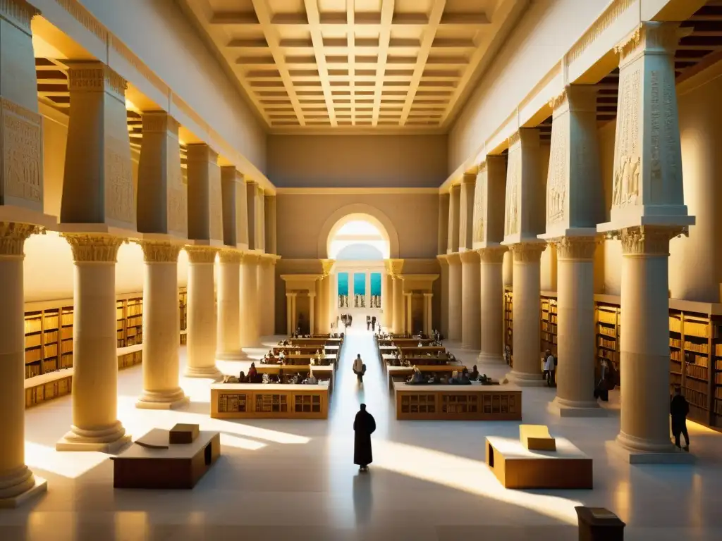Vista detallada de la antigua Biblioteca de Alejandría con sabios y textos antiguos, evocando la filosofía científica en la antigua Alejandría