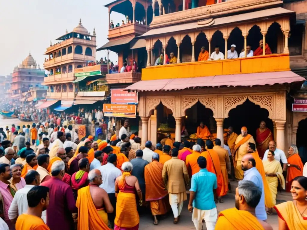 Vista detallada de una bulliciosa calle en Varanasi, India, con colores vibrantes, arquitectura intrigante y gente diversa