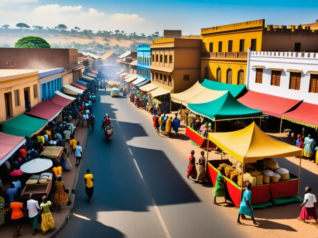 Vista detallada de una bulliciosa calle en una ciudad africana, con ropa tradicional colorida, puestos de mercado y arquitectura colonial y moderna