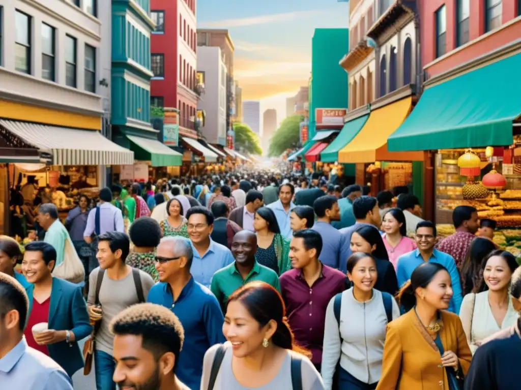 Vista detallada de calle urbana multicultural, reflejando la diversidad e interconexión en la diáspora