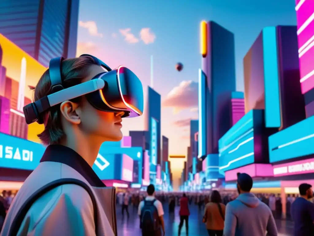 Vista detallada en 8k de una ciudad futurista de realidad virtual, fusionando elementos físicos y digitales