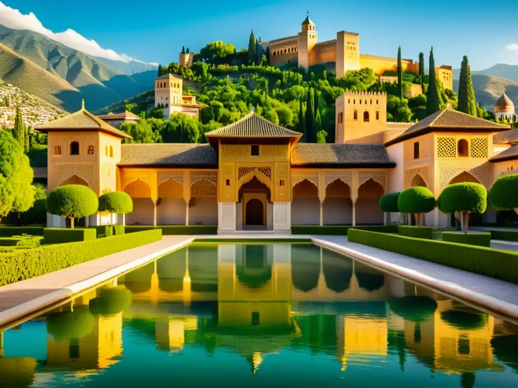 Vista detallada y dorada de la Alhambra, resaltando la influencia de la Filosofía Islámica en AlAndalus con su arquitectura y jardines vibrantes