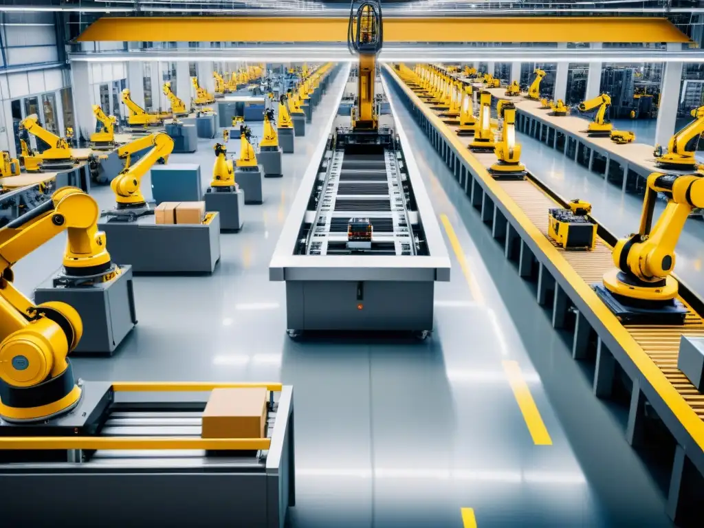 Vista detallada de una fábrica automatizada con trabajadores y robots, destacando la ética de la automatización laboral