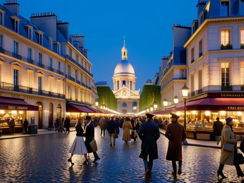 Vista detallada de París durante La Ilustración, con intelectuales en las calles y monumentos icónicos al fondo
