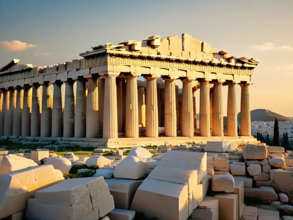 Esplendor dorado del Partenón en la Acrópolis de Atenas Vista detallada de la majestuosa Acrópolis de Atenas, mostrando el icónico Partenón y su legado en la filosofía occidental