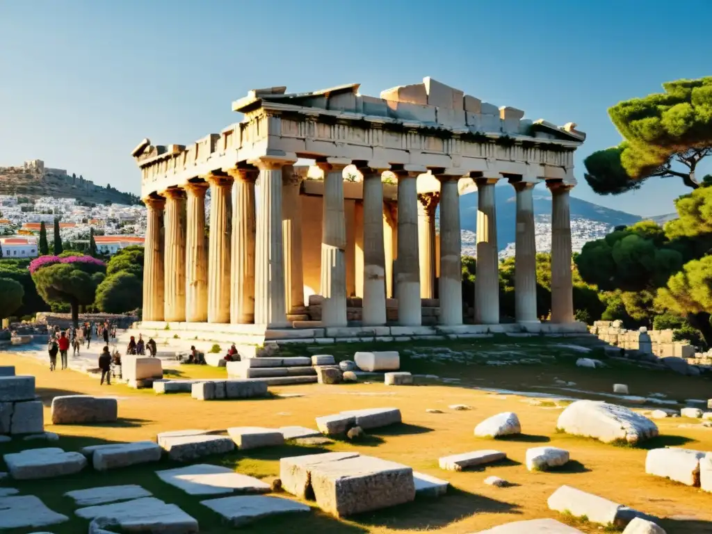 Vista detallada de las ruinas antiguas de la Ágora de Atenas, con el Templo de Hephaestus