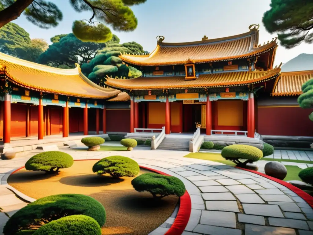Vista detallada de un templo confuciano tradicional en 8k, con colores vibrantes y una sensación de grandeza serena