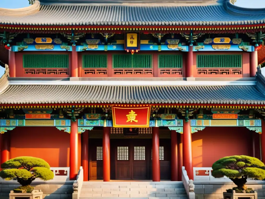 Vista detallada de un templo tradicional con influencia confuciana, mostrando simetría y detalles arquitectónicos
