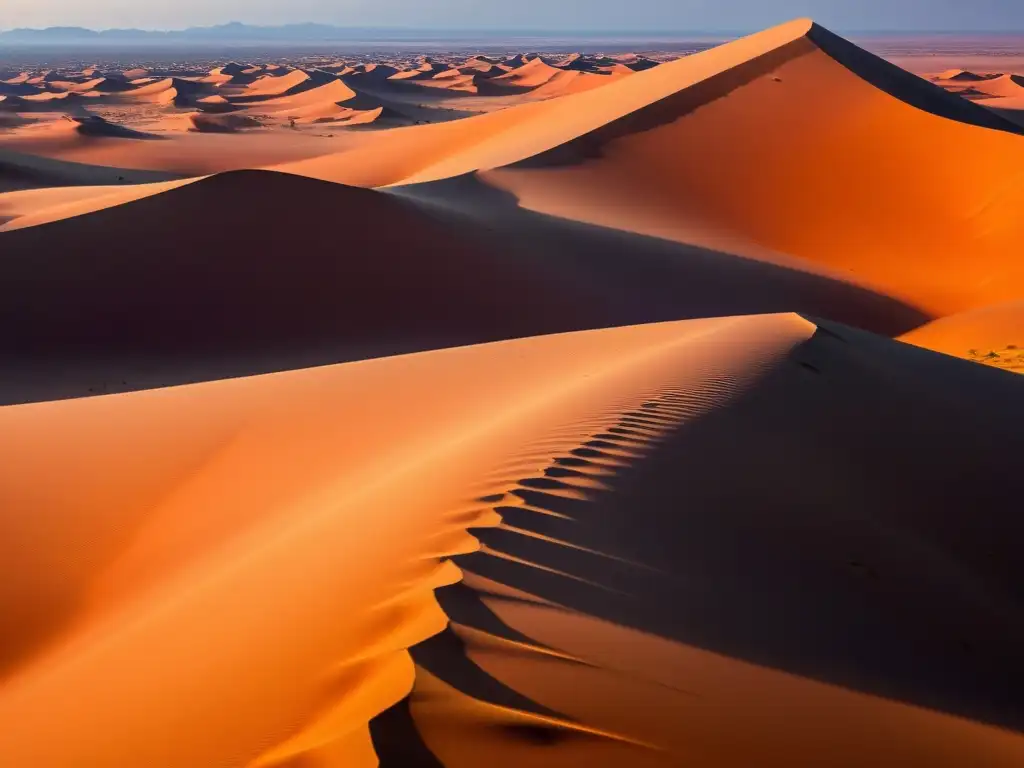 Vista fascinante del desierto del Sahara al atardecer, con sombras dramáticas y cielo pintado en tonos cálidos