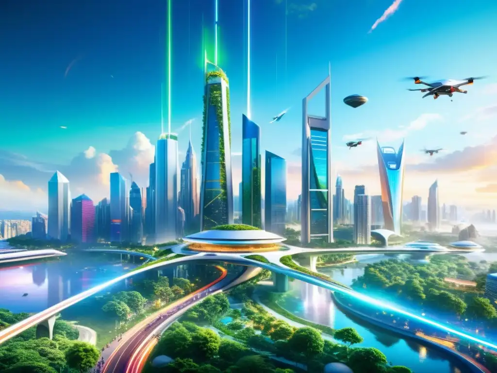 Vista futurista de una ciudad con rascacielos y naturaleza, reflejando la comparación tecnocentrismo y humanismo en una sociedad en evolución
