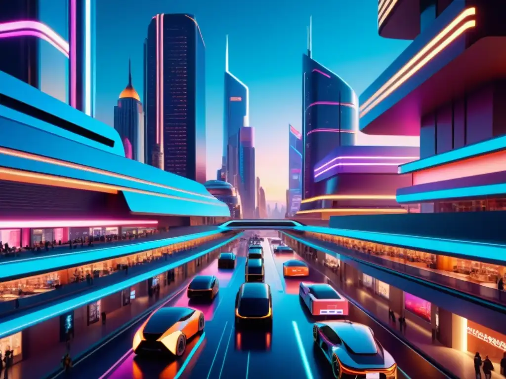 Vista futurista de una ciudad con rascacielos reflectantes y vehículos autónomos