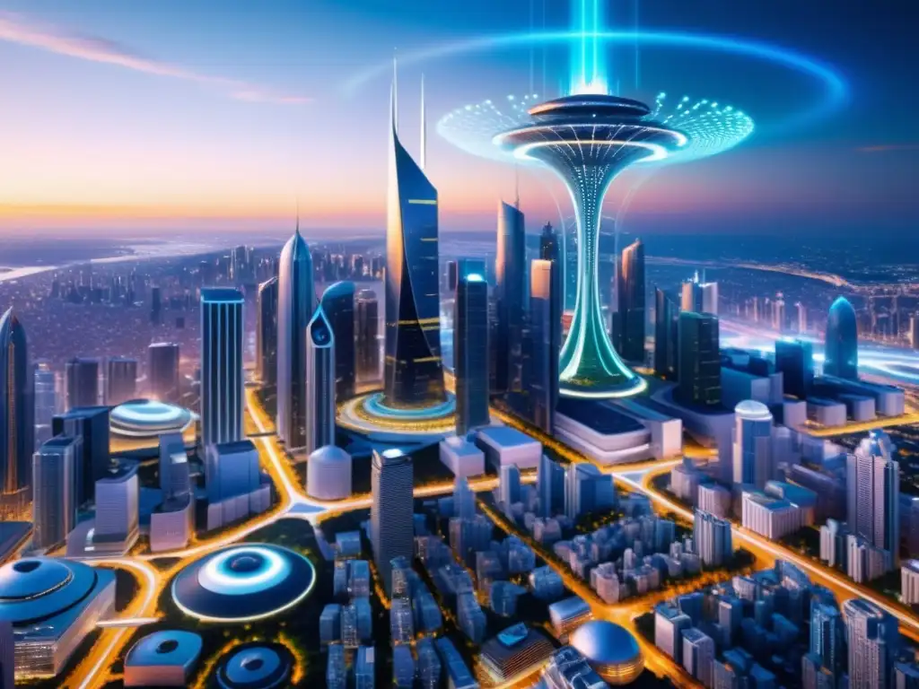 Vista futurista de la ciudad con rascacielos y redes de datos brillantes, evocando anarquía digital y libertad en internet