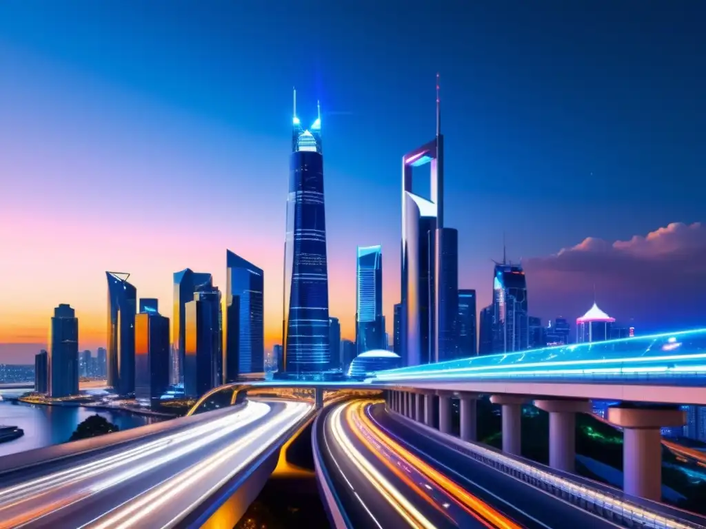 Vista futurista de una ciudad con rascacielos y vehículos voladores, reflejando el Diseño ADN Ético Empresa en una sociedad innovadora y tecnológica