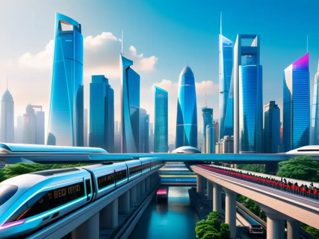Vista futurista de una ciudad socialista con tecnología avanzada y rascacielos holográficos