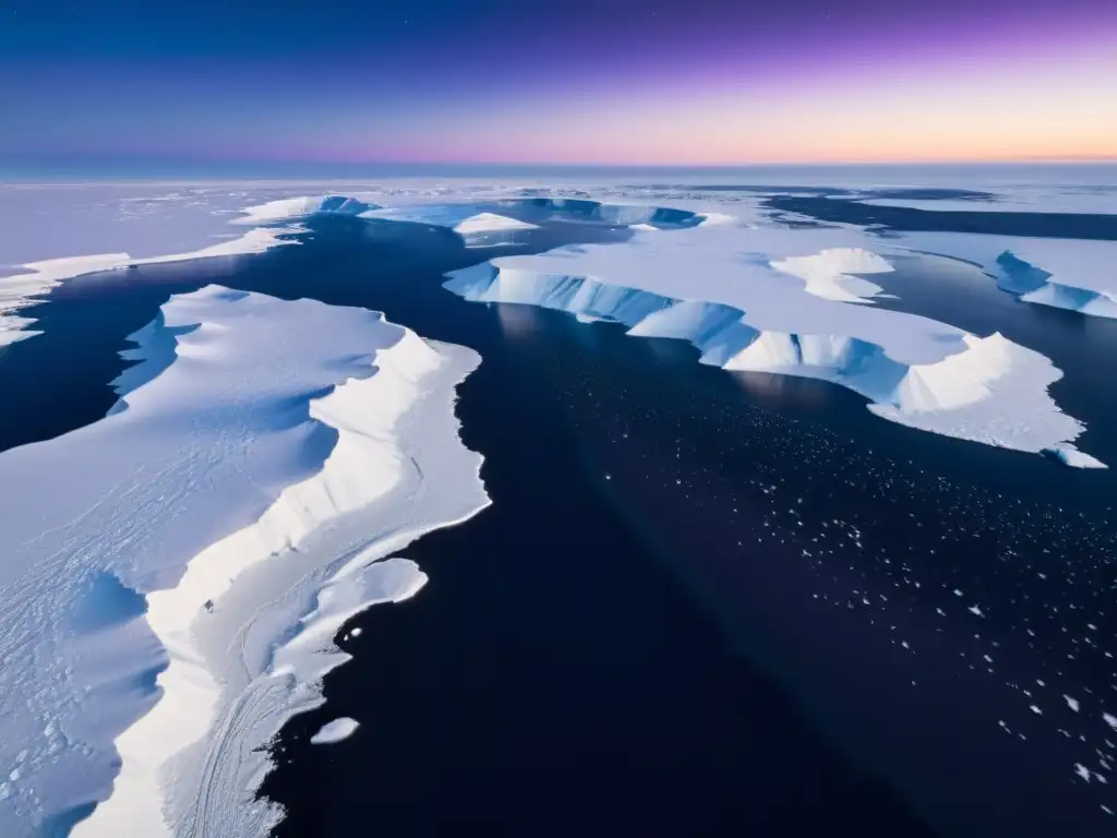 Vista aérea hipnotizante del paisaje ártico durante la noche polar, con impresionantes contrastes de luz y sombra