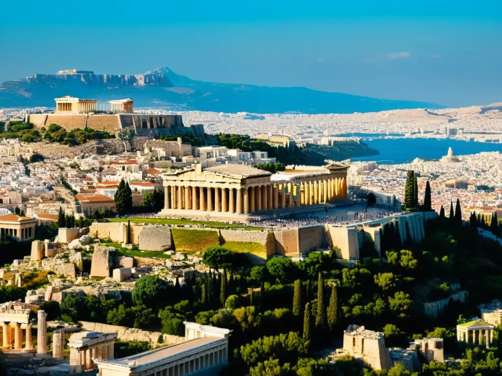 Vista impresionante de la Acrópolis en Atenas, con el Partenón bañado por la luz del sol, rodeado de ruinas antiguas y edificios modernos