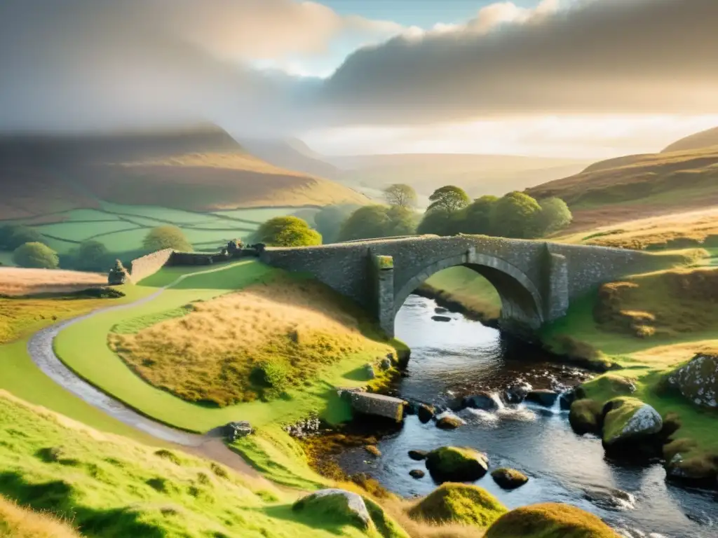 Vista impresionante de la campiña escocesa con el puente de piedra y un arroyo claro