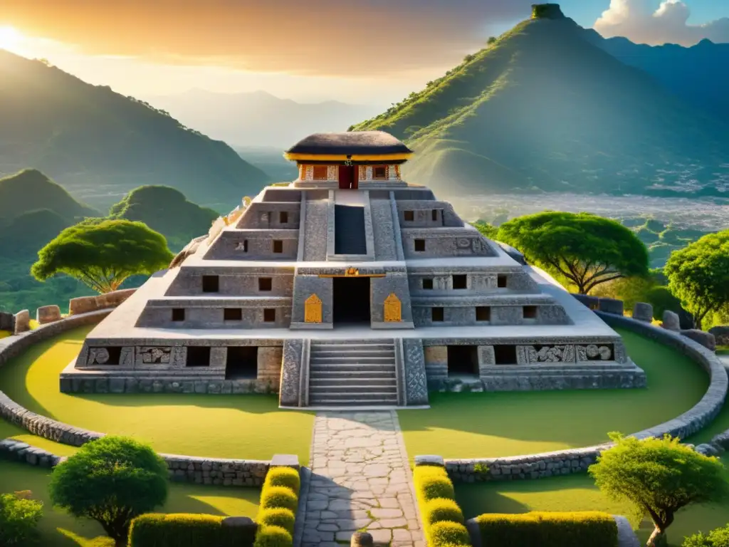 Una vista impresionante del centro ceremonial mixteco con estructuras talladas y motivos simbólicos
