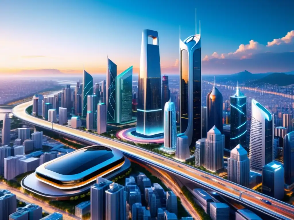 Vista impresionante de una ciudad futurista con inteligencia artificial avanzada integrada, mostrando avances tecnológicos y complejidades éticas