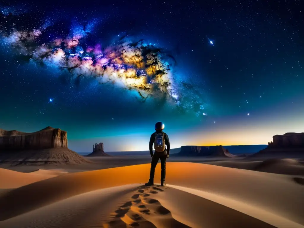 Vista impresionante de la Vía Láctea desde el desierto, invitando a reflexionar sobre perspectivas filosóficas sobre el origen del universo