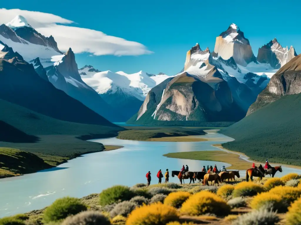Vista impresionante de la filosofía espiritual de los pueblos indígenas de la Patagonia, con montañas nevadas y un río serpenteante en el valle
