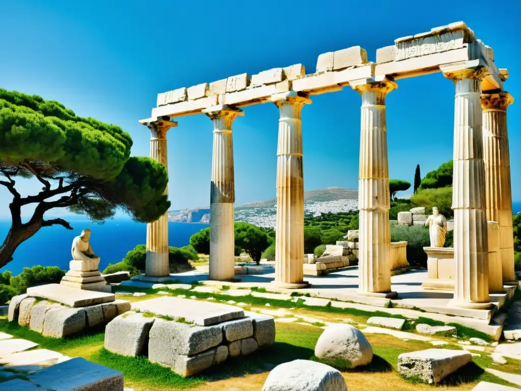 Vista impresionante de la filosofía helenística en el Mediterráneo antiguo con estatuas y columnas bien conservadas