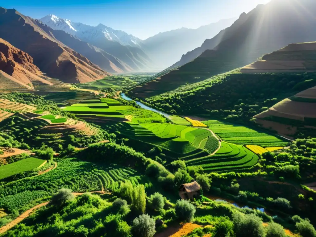 Vista impresionante de las Montañas del Atlas, valles verdes y ríos, reflejando la ecofilosofía en el norte de África