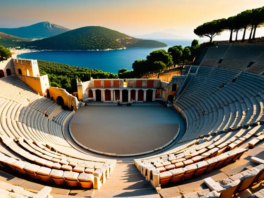 Vista impresionante del teatro griego de Epidauro, con la icónica orquesta semicircular, gradas y paisaje