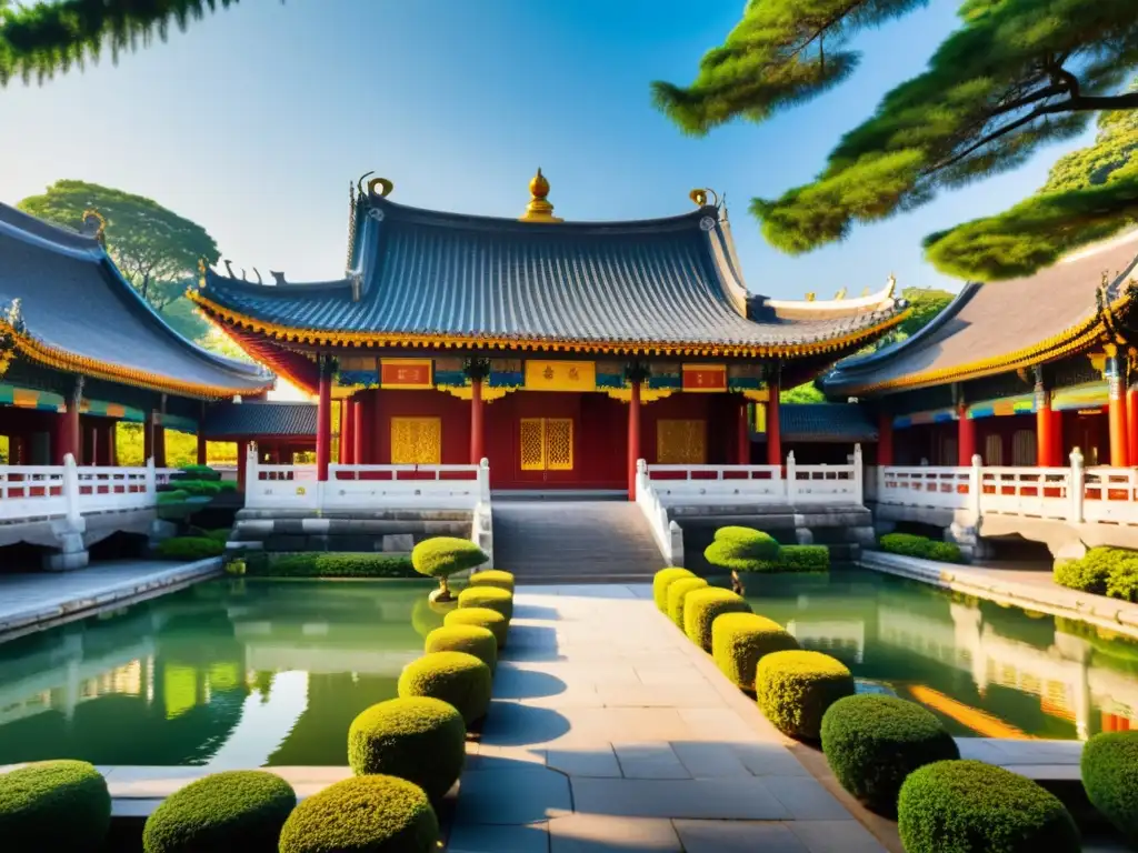 Una vista impresionante de un templo tradicional con influencia confuciana, rodeado de jardines exuberantes y visitantes en atuendos tradicionales