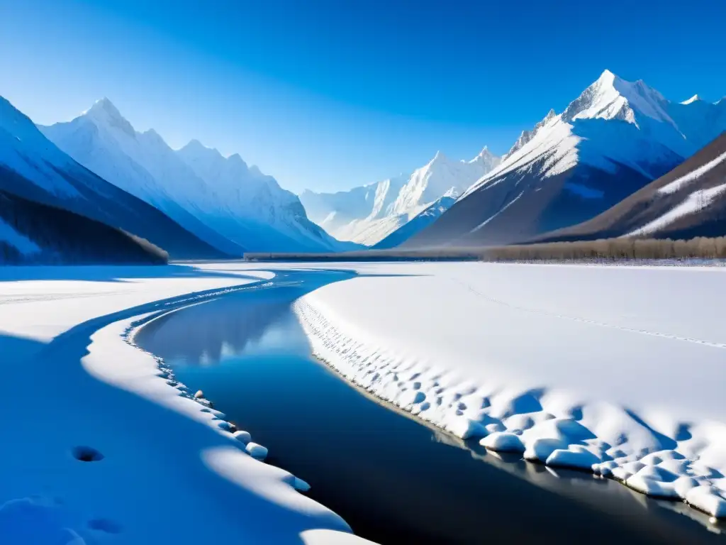 Una vista impresionante de la vasta y nevada Siberia, con montañas imponentes y un río congelado