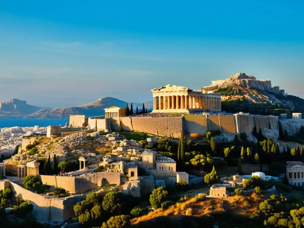 Vista majestuosa de la Acrópolis al atardecer en Grecia, con visitantes explorando