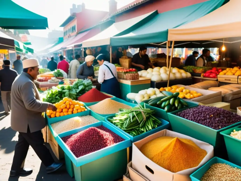 Vista de un mercado al aire libre con una vibrante variedad de productos frescos y especias coloridas