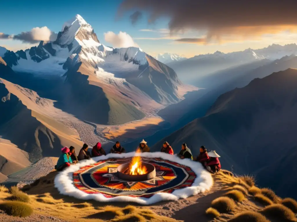 Vista de montañas andinas al atardecer, con nevados y un ritual indígena, evocando misticismo andino y cosmovisión ancestral
