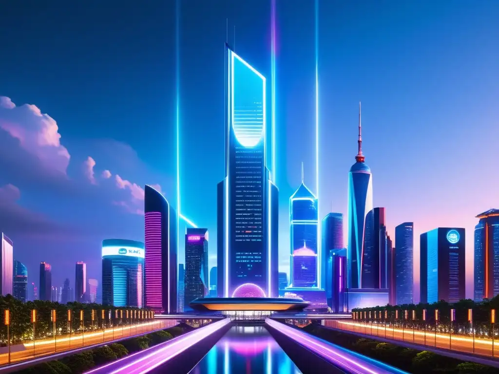 Vista nocturna de ciudad futurista con rascacielos y luces de neón, reflejando la responsabilidad algorítmica en inteligencia artificial