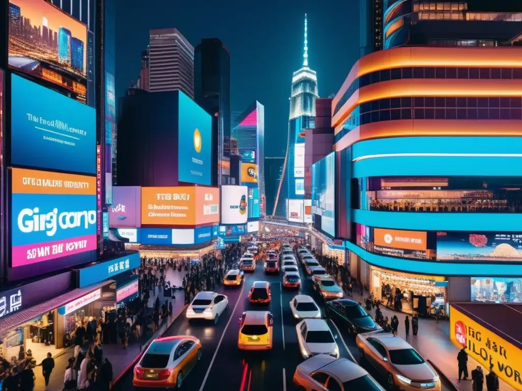 Vista nocturna de una ciudad futurista con impacto del postmodernismo en el trabajo, mostrando rascacielos iluminados y trabajadores diversos