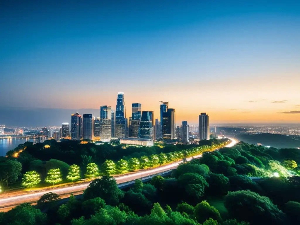 Vista nocturna de una ciudad iluminada con rascacielos y naturaleza, simbolizando el equilibrio sostenible en la era digital