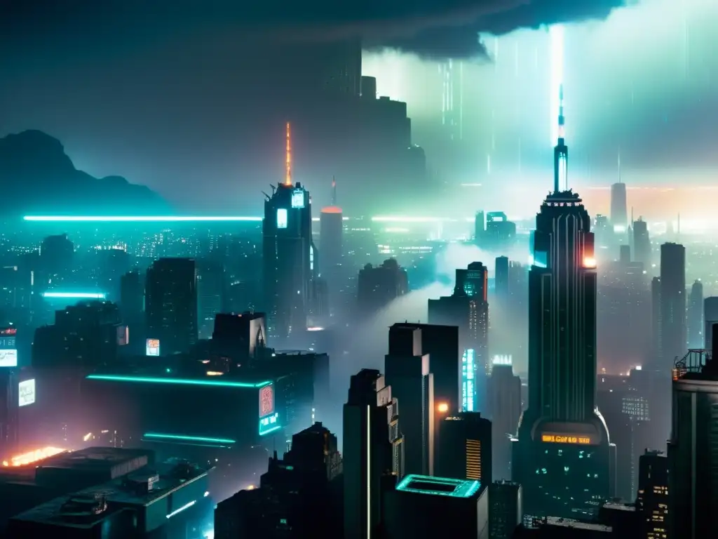 Vista nocturna de la ciudad futurista de Blade Runner, con neones y smog, evocando reflexión filosófica en Blade Runner