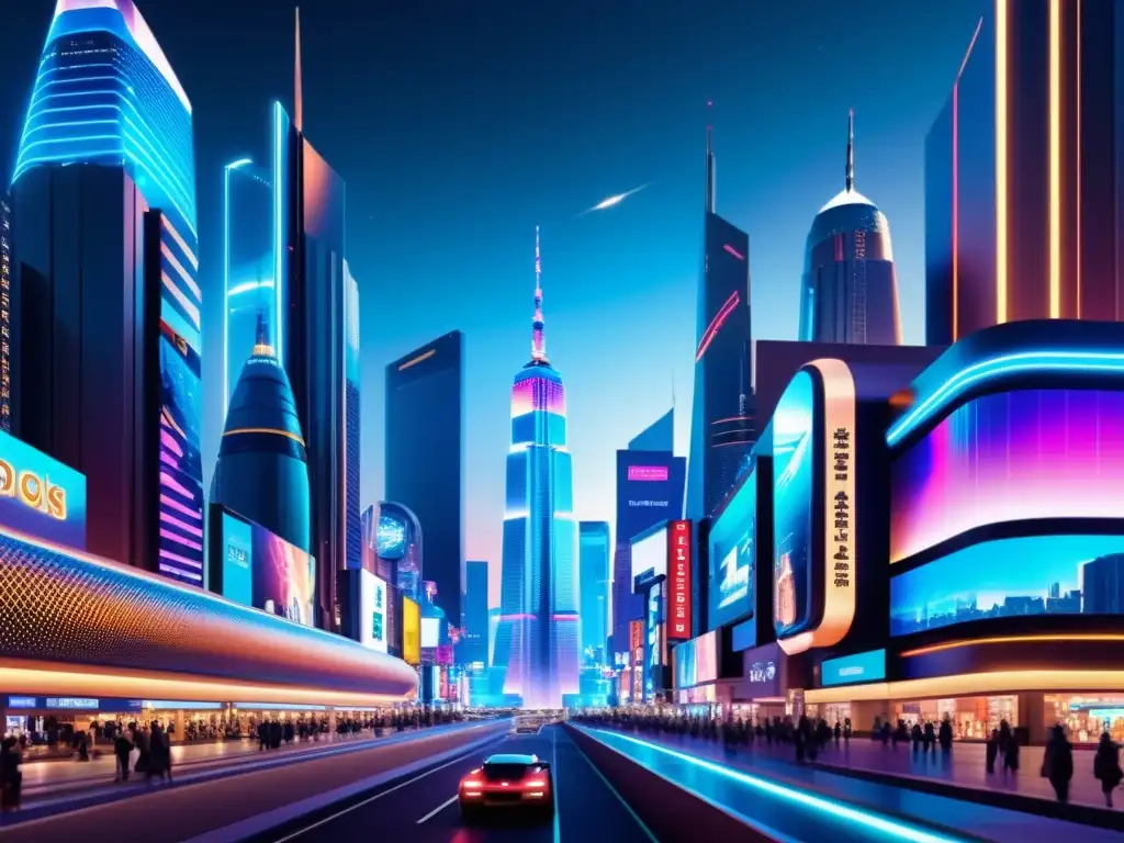 Vista nocturna de metrópolis futurista con anuncios holográficos y luces de neón, reflejando la cibernética en la era de la ciencia