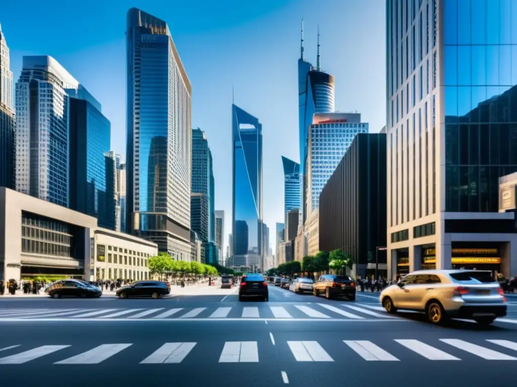 Vista panorámica de una bulliciosa calle urbana con rascacielos imponentes, mostrando el dinamismo de la vida citadina y la influencia de empresas éticas para inversiones