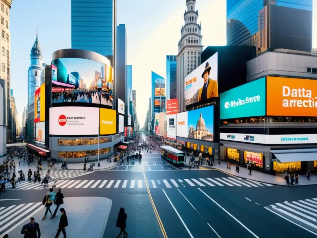 Una vista panorámica de una bulliciosa calle de la ciudad con edificios altos y vallas publicitarias digitales