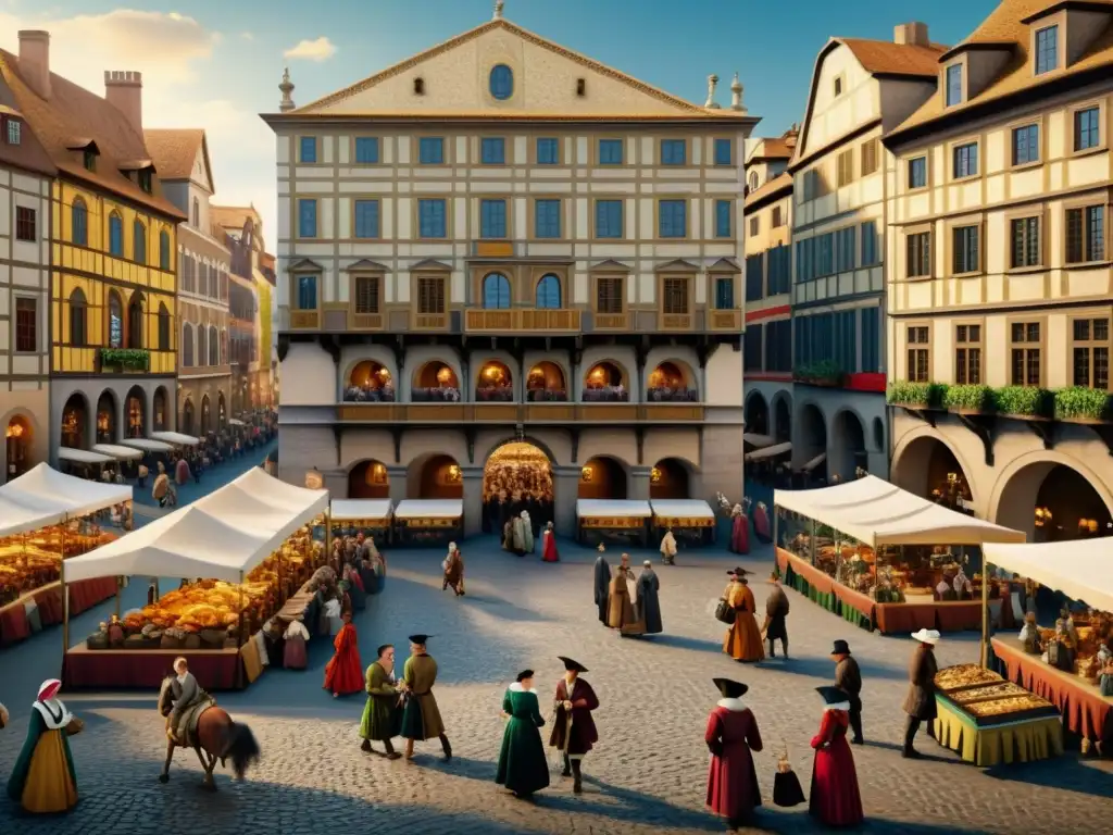 Vista panorámica de una bulliciosa ciudad europea durante el Renacimiento, con arquitectura detallada, plazas llenas de gente y actividad diaria