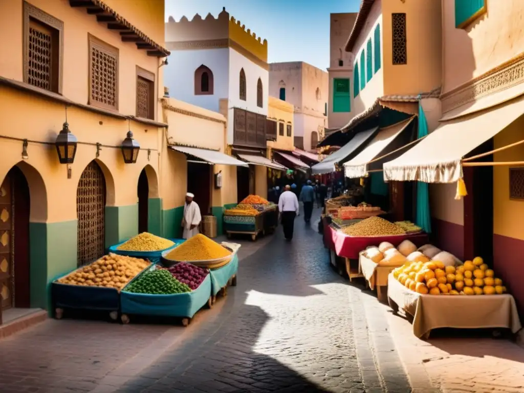 Vista panorámica de una bulliciosa medina marroquí, con callejuelas estrechas, puestos de mercado vibrantes y detalles arquitectónicos