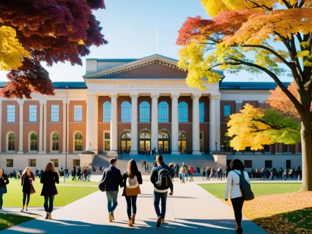 Vista panorámica de un campus universitario bullicioso en un brillante día de otoño, reflejando la interdisciplinariedad en la educación superior