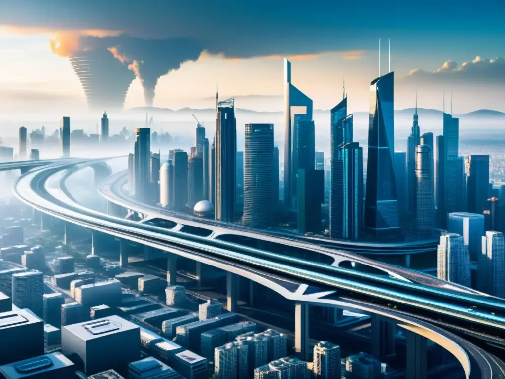 Vista panorámica de una ciudad futurista con arquitectura geométrica, mostrando la dualidad entre utopía y distopía
