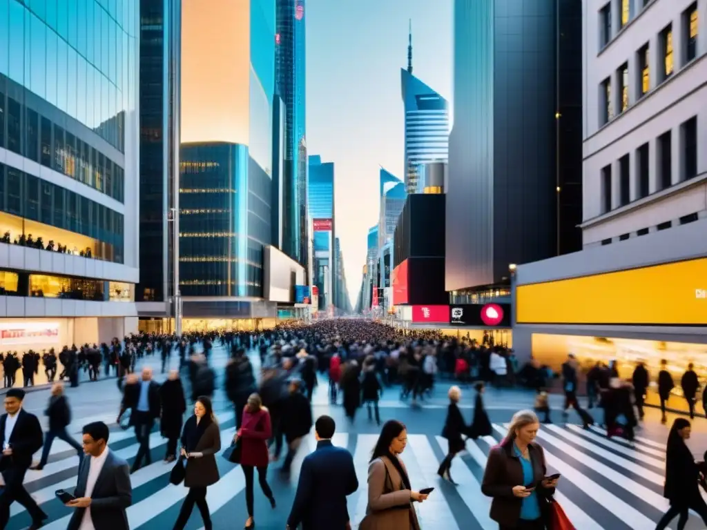 Vista panorámica de ciudad llena de gente usando dispositivos digitales, reflejando la ética en el uso del Big Data en la sociedad moderna