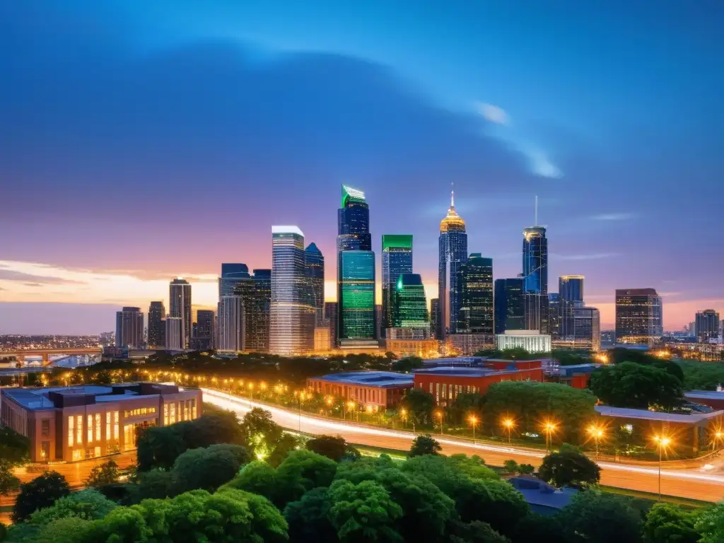 Una vista panorámica de la ciudad al anochecer, con modernos rascacielos iluminados y un entorno urbano dinámico