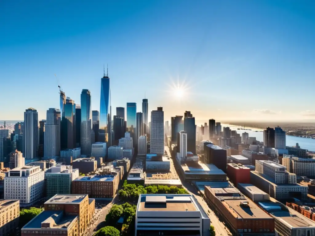 Vista panorámica de la ciudad con rascacielos modernos, vida cotidiana y discusión sobre ética empresarial y beneficios fiscales